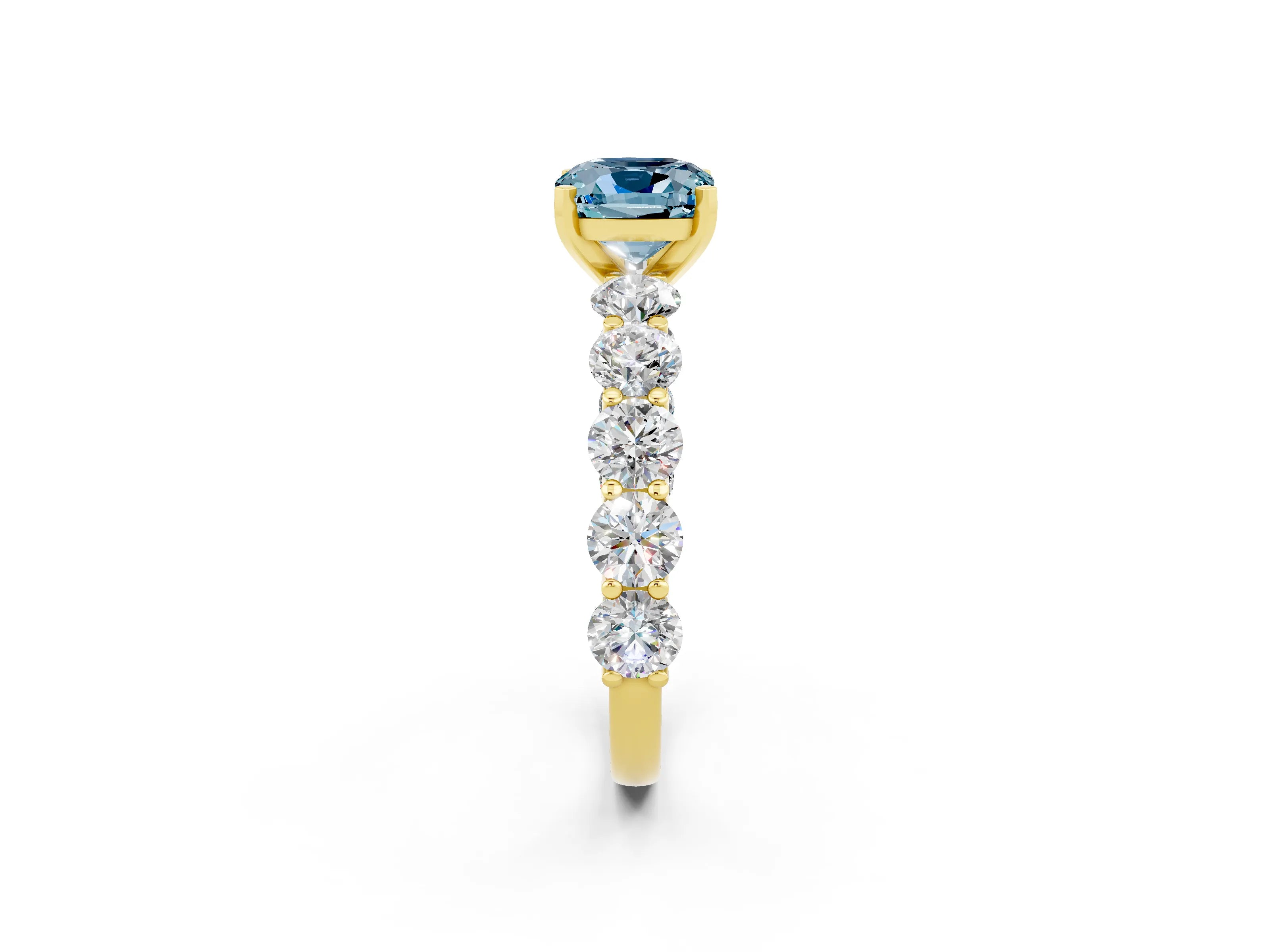 Yellow gold Cushion Cut Aquamarine Prong Setting with Side Stones on a Pave Band_2