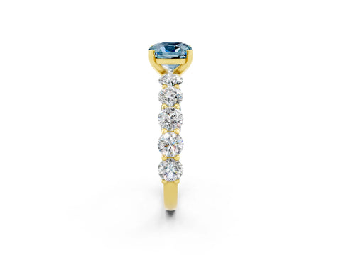 Yellow gold Cushion Cut Aquamarine Prong Setting with Side Stones on a Pave Band_2