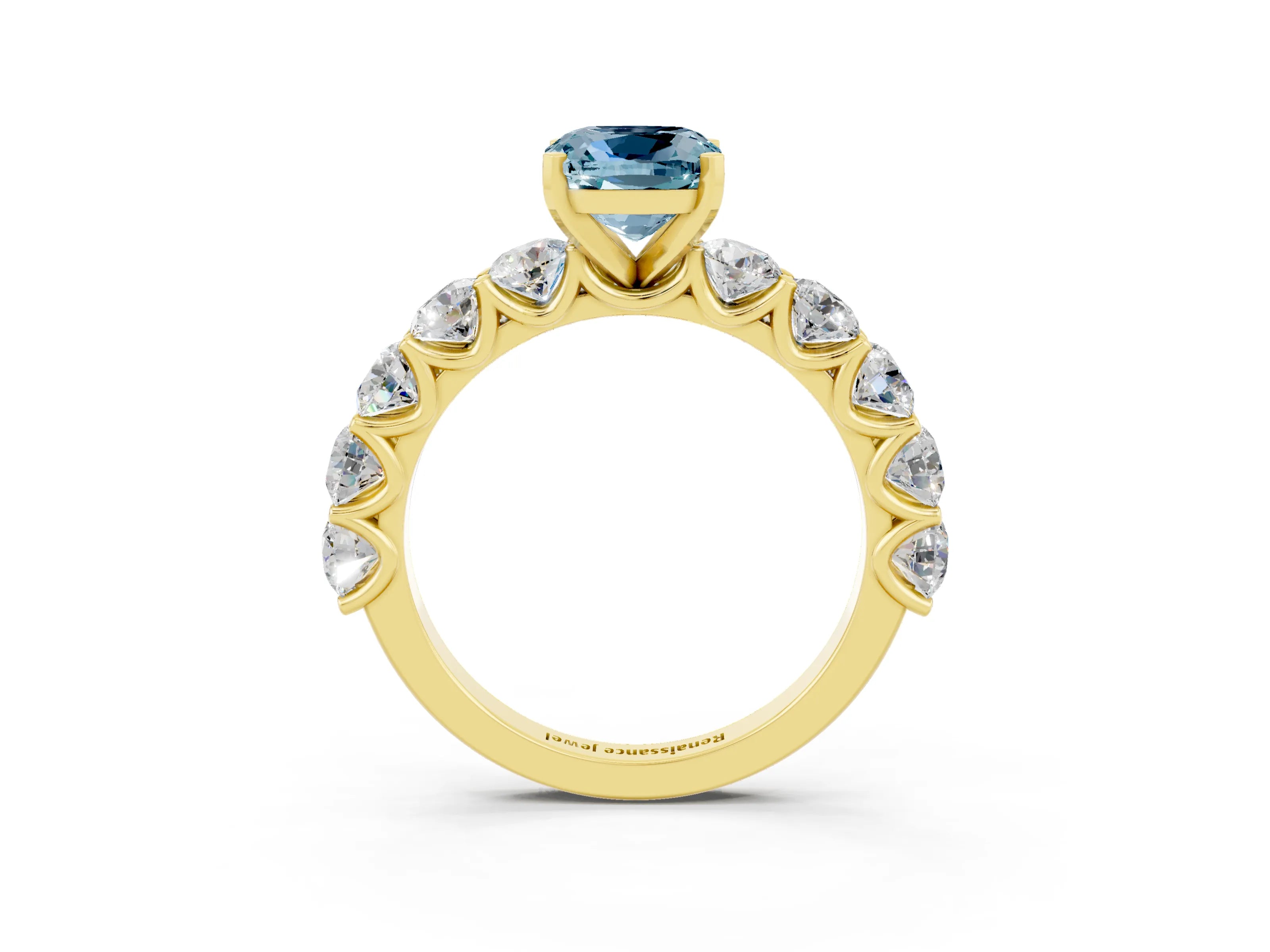 Yellow gold Cushion Cut Aquamarine Prong Setting with Side Stones on a Pave Band_3