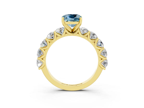 Yellow gold Cushion Cut Aquamarine Prong Setting with Side Stones on a Pave Band