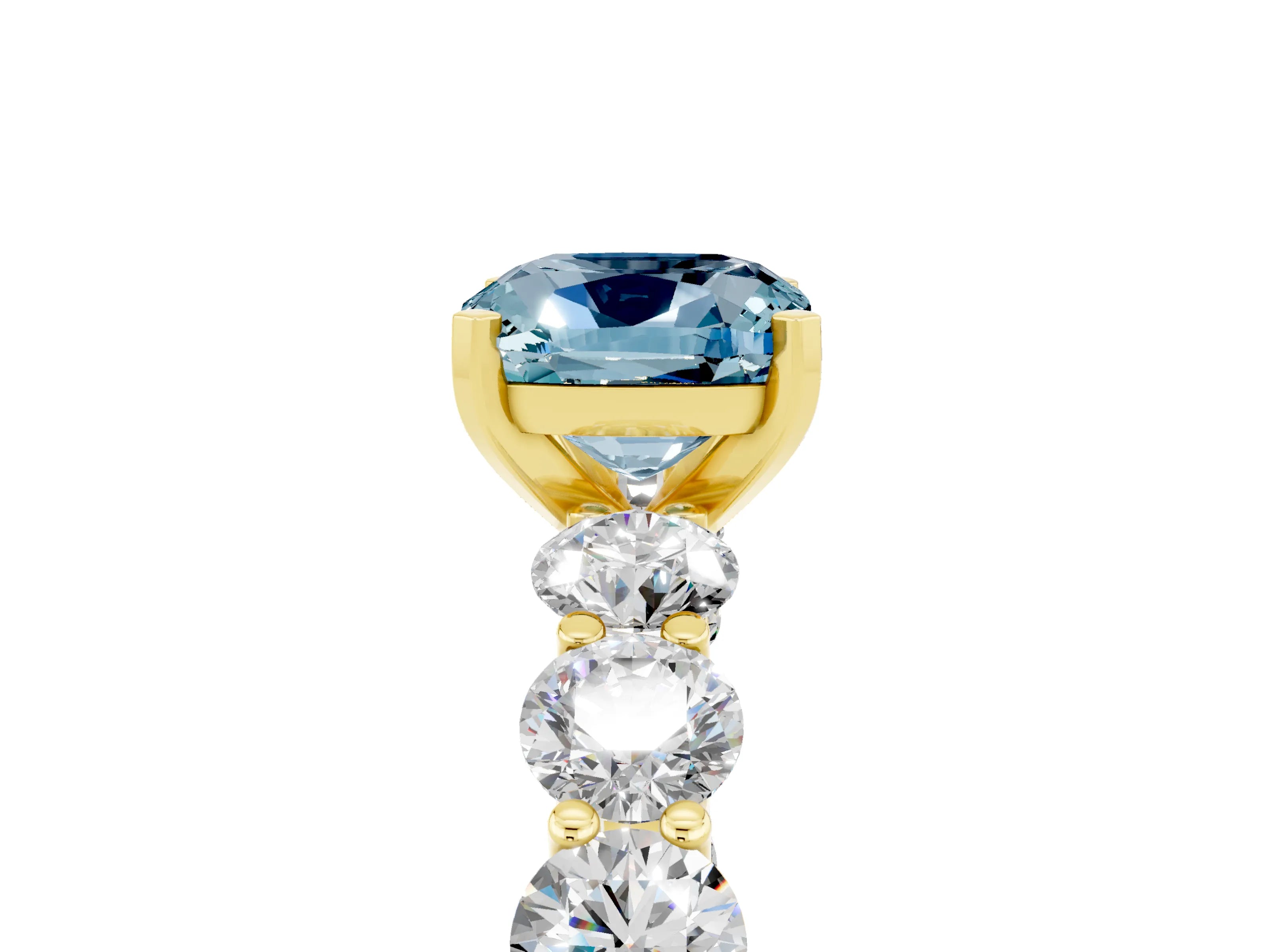 Yellow gold Cushion Cut Aquamarine Prong Setting with Side Stones on a Pave Band_5