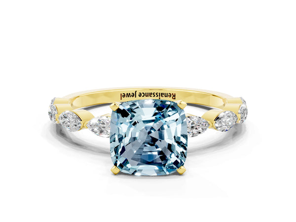 Yellow gold Cushion Cut Aquamarine Ring with Marquise Side Stones and Prong Setting