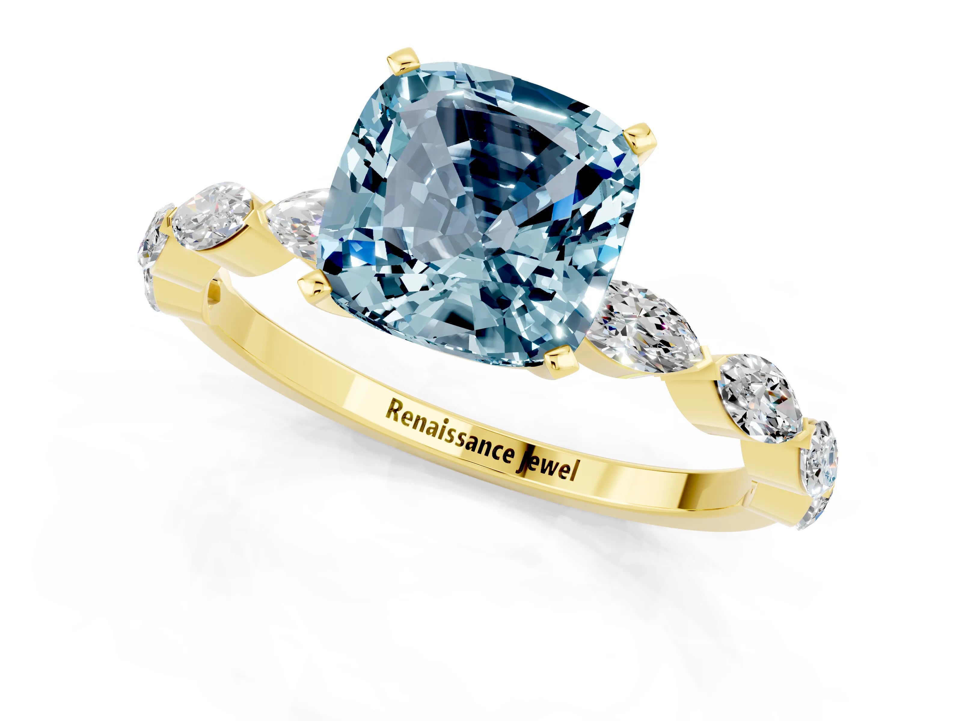 Yellow gold Cushion Cut Aquamarine Ring with Marquise Side Stones and Prong Setting_1