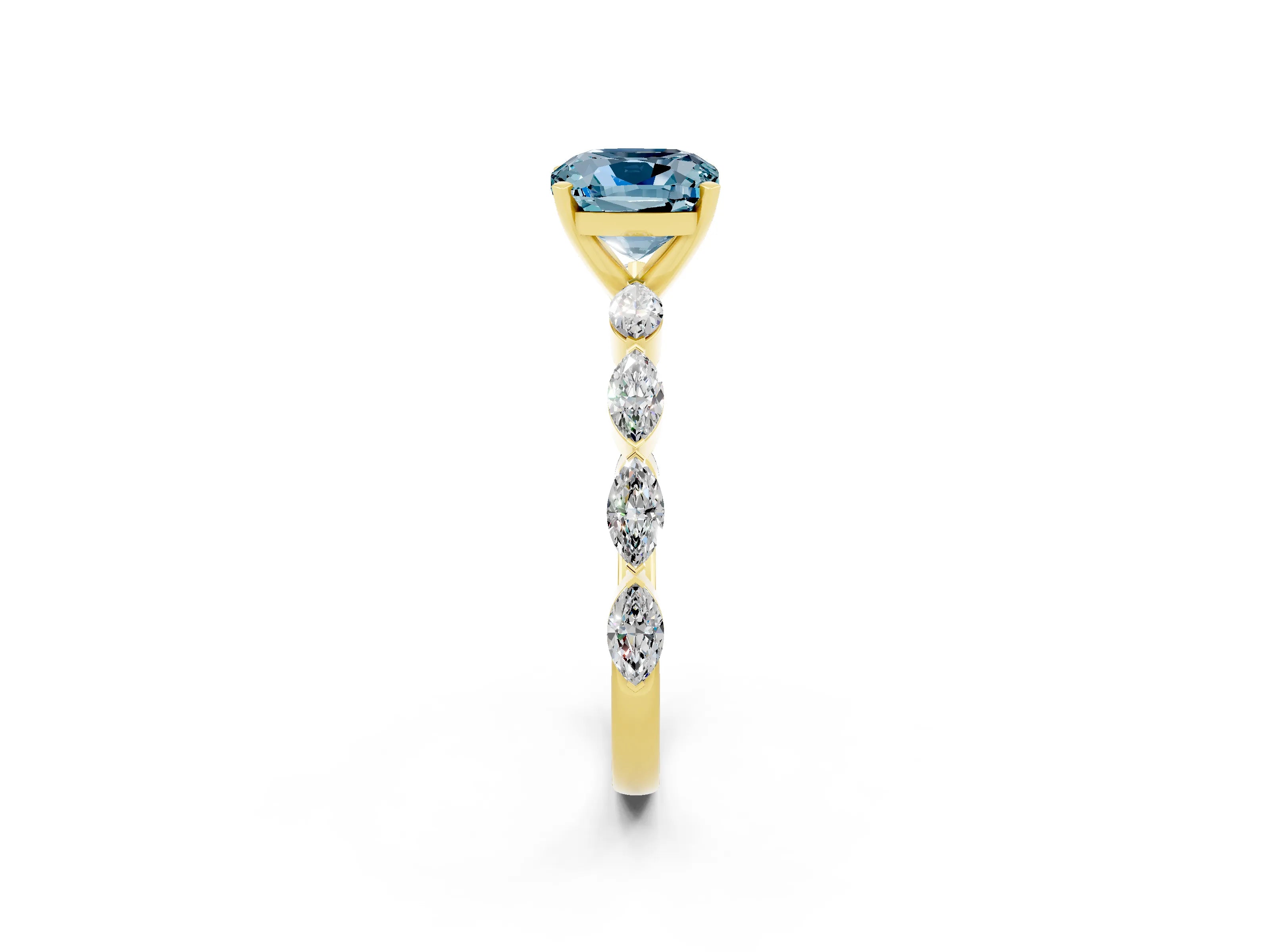Yellow gold Cushion Cut Aquamarine Ring with Marquise Side Stones and Prong Setting_2