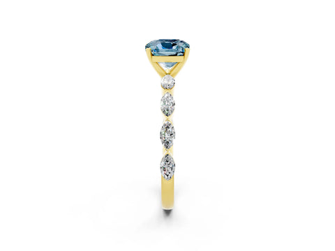 Yellow gold Cushion Cut Aquamarine Ring with Marquise Side Stones and Prong Setting_2