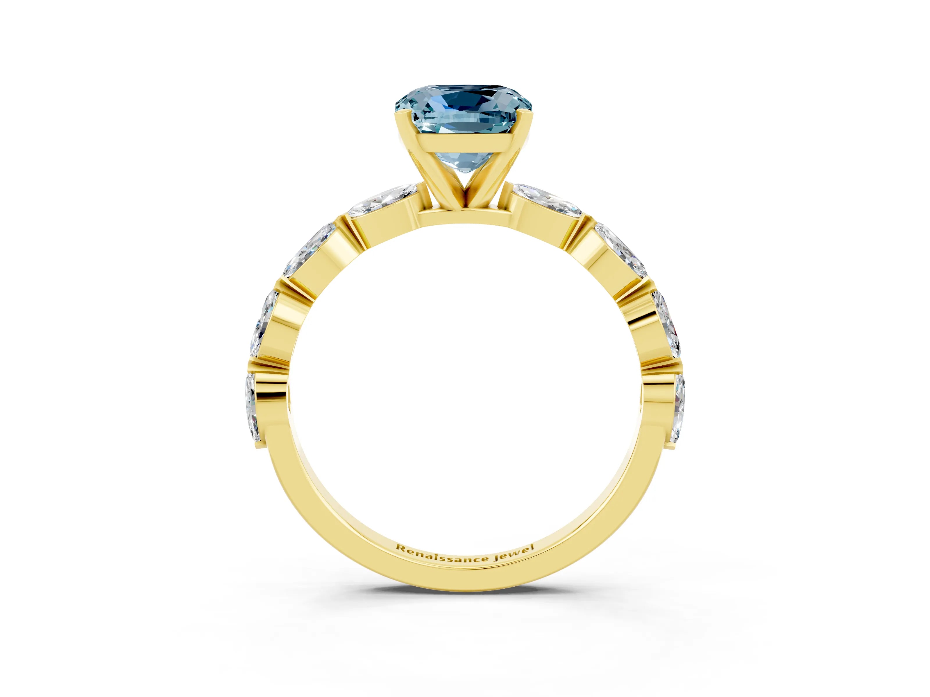 Yellow gold Cushion Cut Aquamarine Ring with Marquise Side Stones and Prong Setting_3