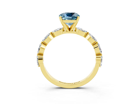 Yellow gold Cushion Cut Aquamarine Ring with Marquise Side Stones and Prong Setting_3