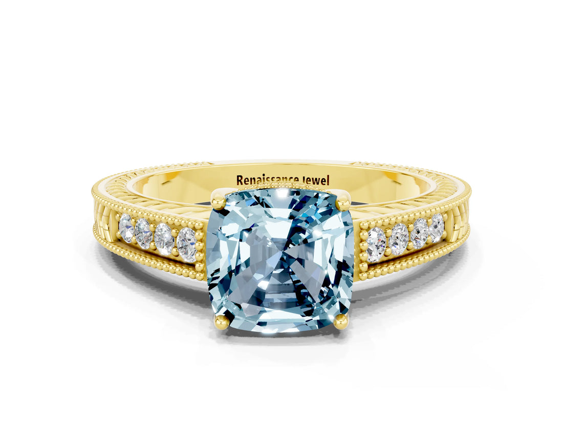 Yellow gold Cushion Cut Aquamarine Ring with Milgrain Pavé Band and Four-Prong Setting_12