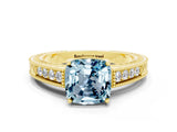 Yellow gold Cushion Cut Aquamarine Ring with Milgrain Pavé Band and Four-Prong Setting_12