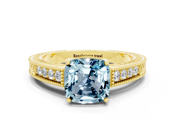 Yellow gold Cushion Cut Aquamarine Ring with Milgrain Pavé Band and Four-Prong Setting
