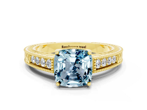 Yellow gold Cushion Cut Aquamarine Ring with Milgrain Pavé Band and Four-Prong Setting_12