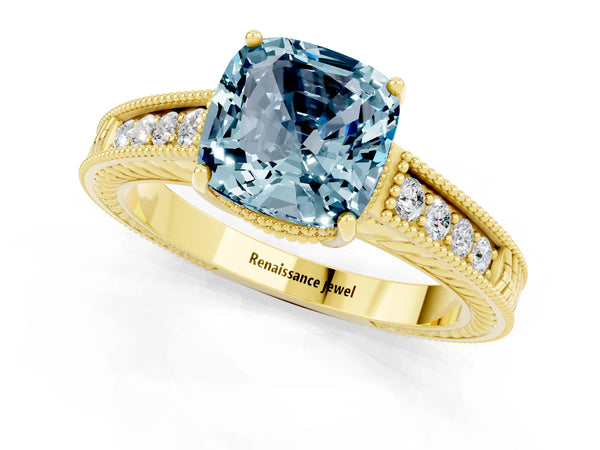 Yellow gold Cushion Cut Aquamarine Ring with Milgrain Pavé Band and Four-Prong Setting