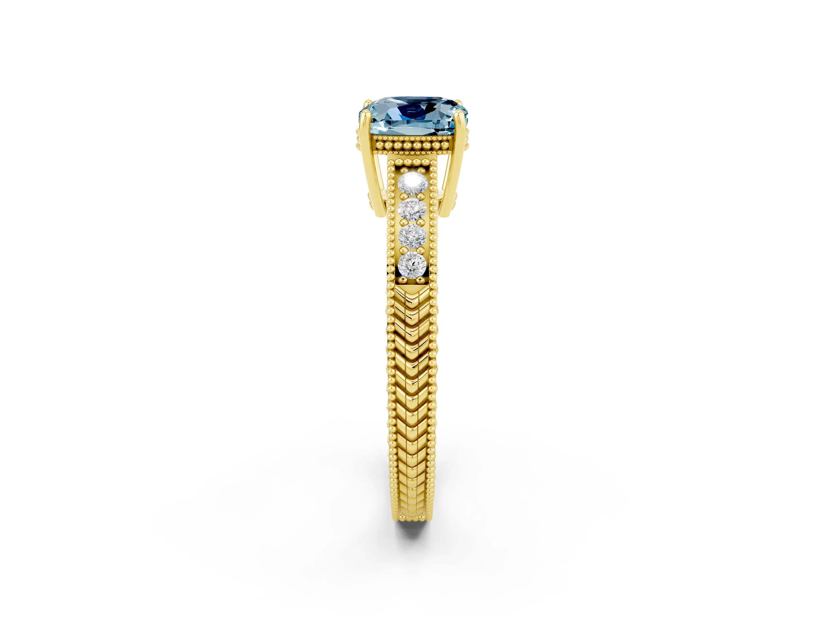 Yellow gold Cushion Cut Aquamarine Ring with Milgrain Pavé Band and Four-Prong Setting_14
