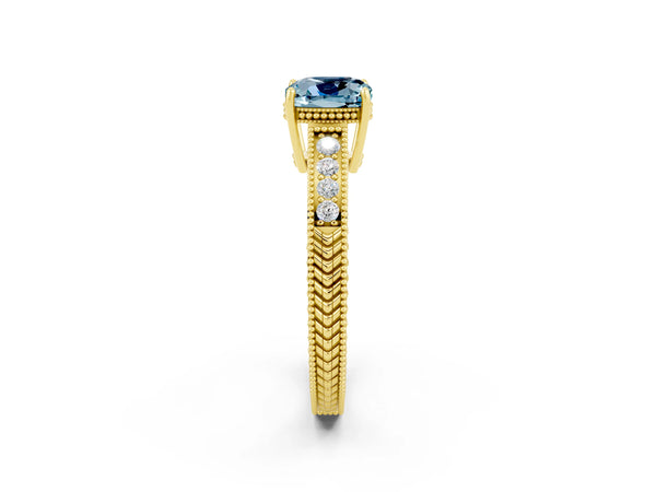 Yellow gold Cushion Cut Aquamarine Ring with Milgrain Pavé Band and Four-Prong Setting