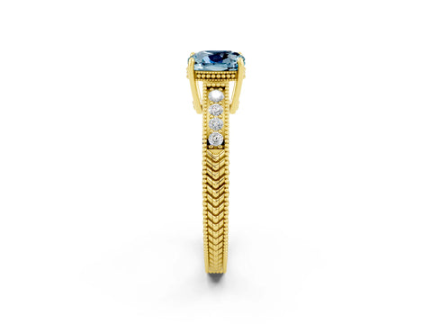 Yellow gold Cushion Cut Aquamarine Ring with Milgrain Pavé Band and Four-Prong Setting_14