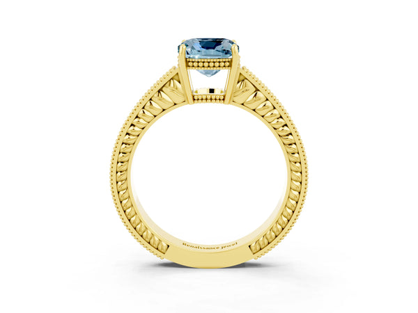 Yellow gold Cushion Cut Aquamarine Ring with Milgrain Pavé Band and Four-Prong Setting