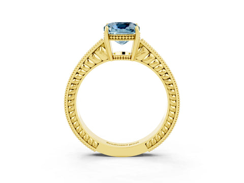 Yellow gold Cushion Cut Aquamarine Ring with Milgrain Pavé Band and Four-Prong Setting_15