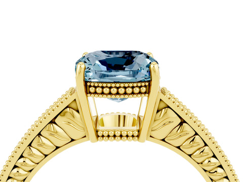 Yellow gold Cushion Cut Aquamarine Ring with Milgrain Pavé Band and Four-Prong Setting_16