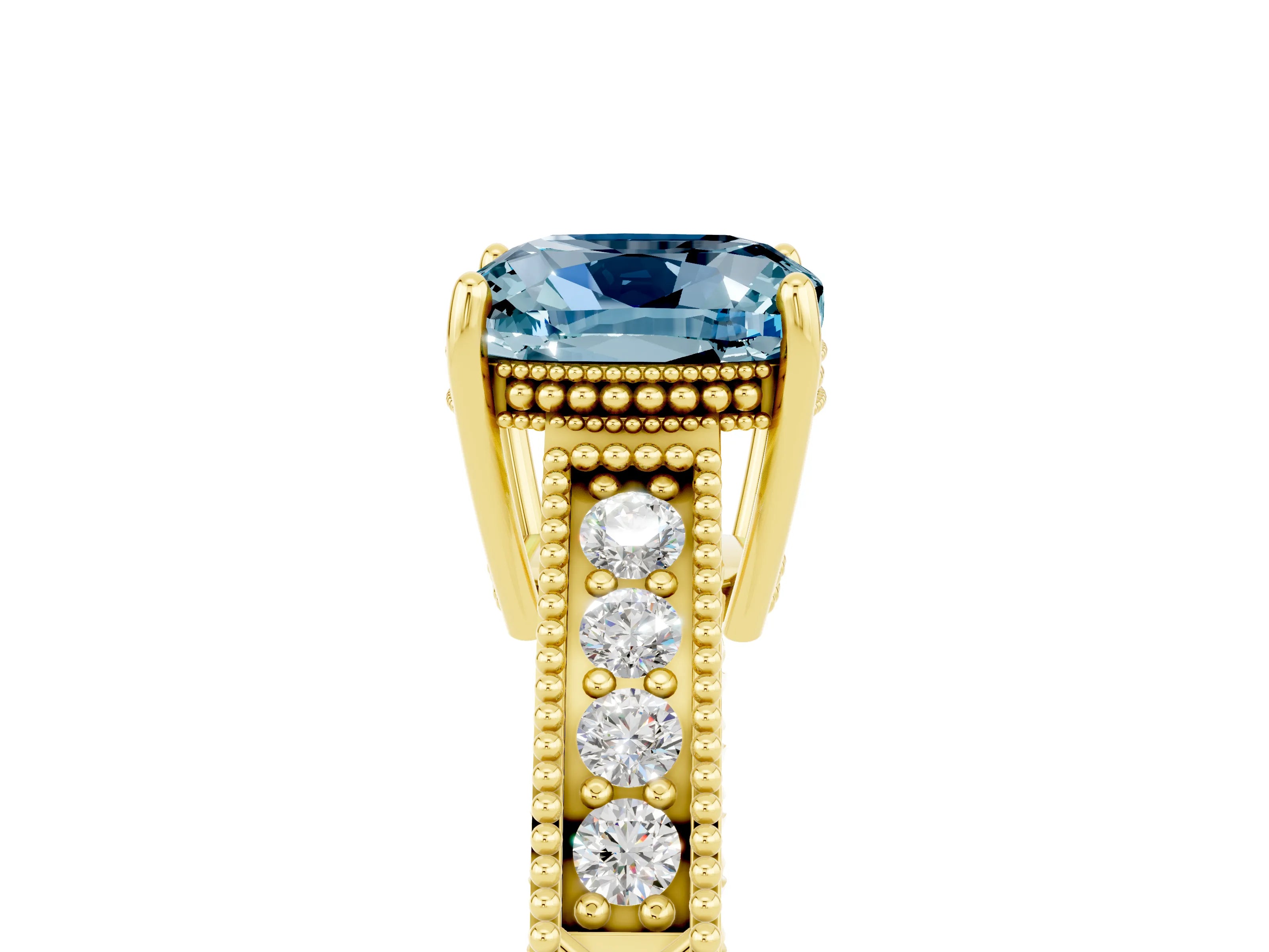 Yellow gold Cushion Cut Aquamarine Ring with Milgrain Pavé Band and Four-Prong Setting_17