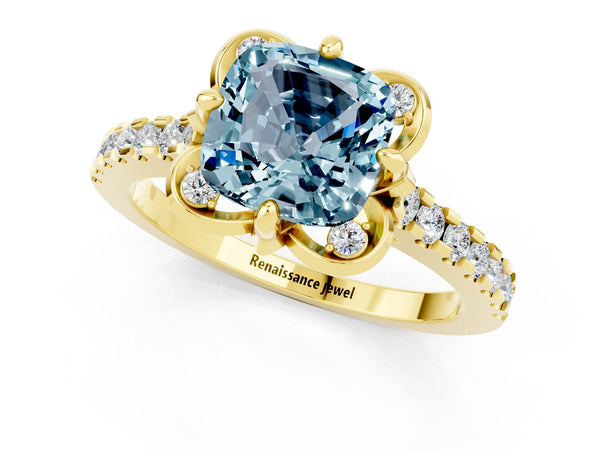 Yellow gold Cushion Cut Aquamarine Ring with Pavé Band and Floral Prong Setting