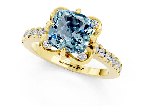 Yellow gold Cushion Cut Aquamarine Ring with Pavé Band and Floral Prong Setting_1