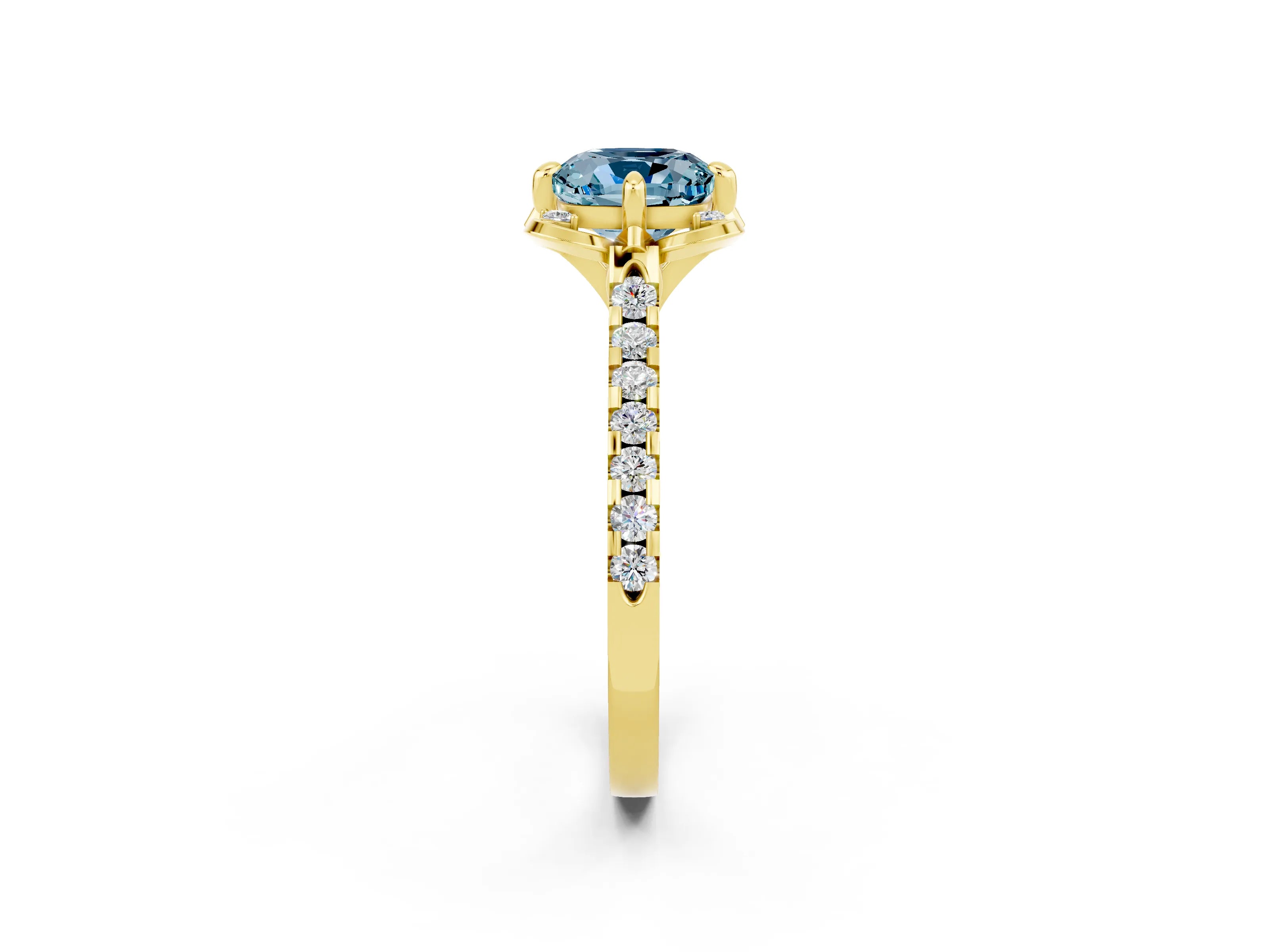 Yellow gold Cushion Cut Aquamarine Ring with Pavé Band and Floral Prong Setting_2