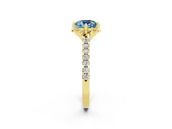 Yellow gold Cushion Cut Aquamarine Ring with Pavé Band and Floral Prong Setting