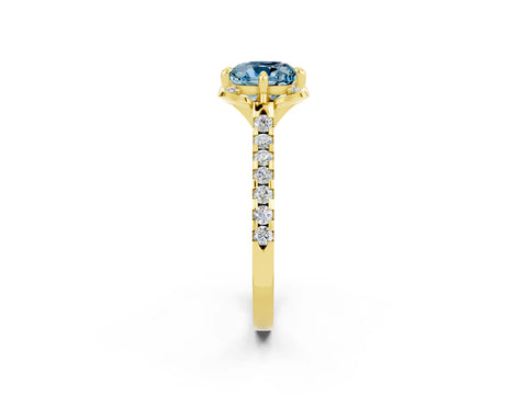 Yellow gold Cushion Cut Aquamarine Ring with Pavé Band and Floral Prong Setting_2