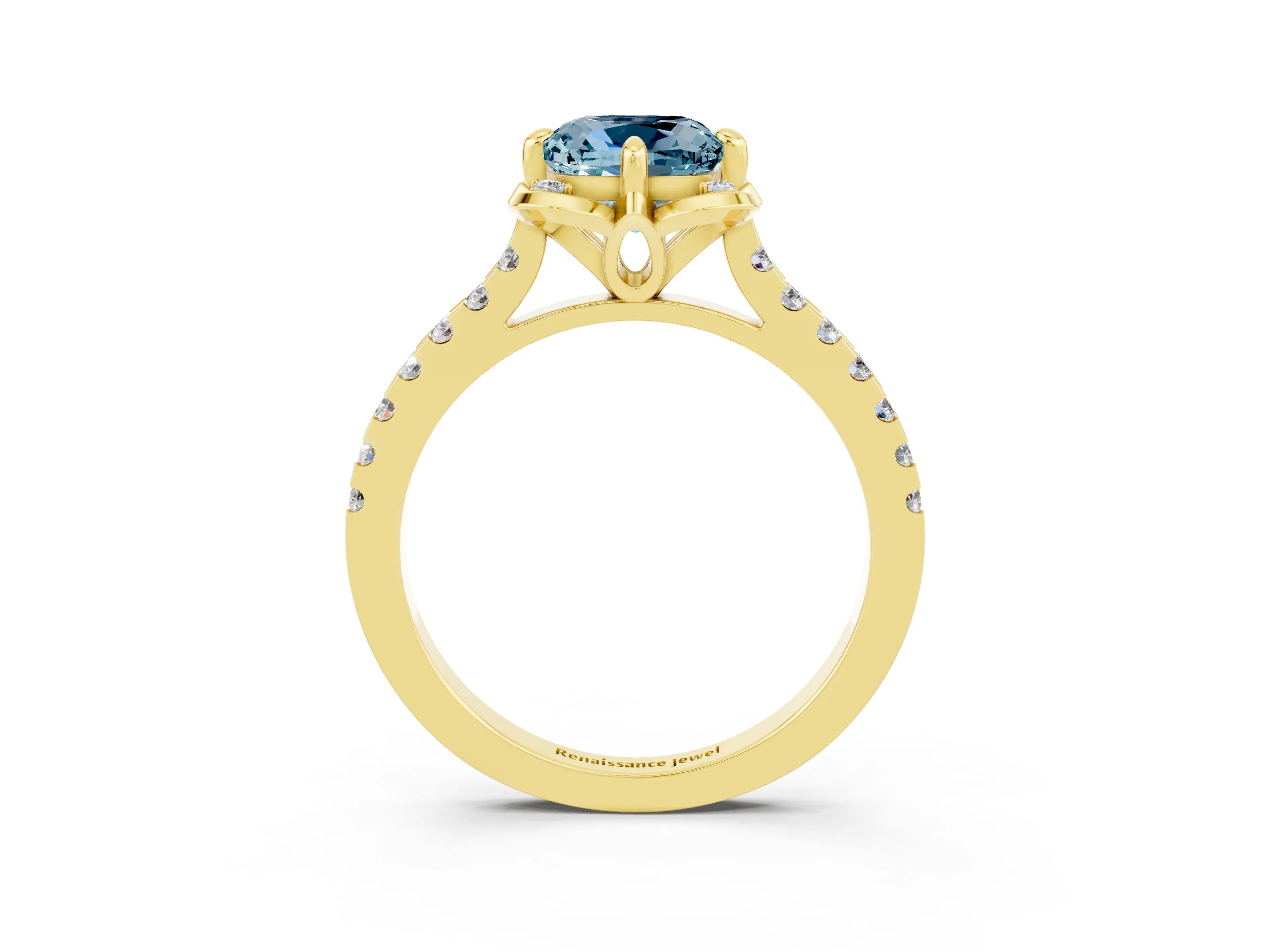 Yellow gold Cushion Cut Aquamarine Ring with Pavé Band and Floral Prong Setting_3