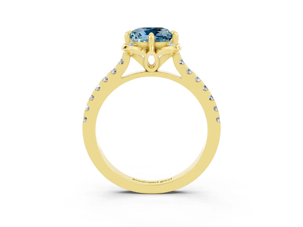 Yellow gold Cushion Cut Aquamarine Ring with Pavé Band and Floral Prong Setting