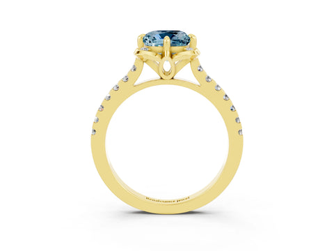 Yellow gold Cushion Cut Aquamarine Ring with Pavé Band and Floral Prong Setting_3