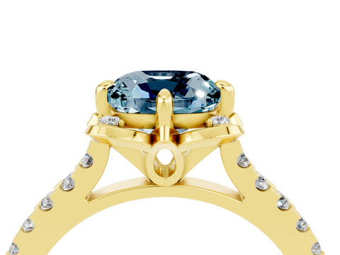 Yellow gold Cushion Cut Aquamarine Ring with Pavé Band and Floral Prong Setting_4