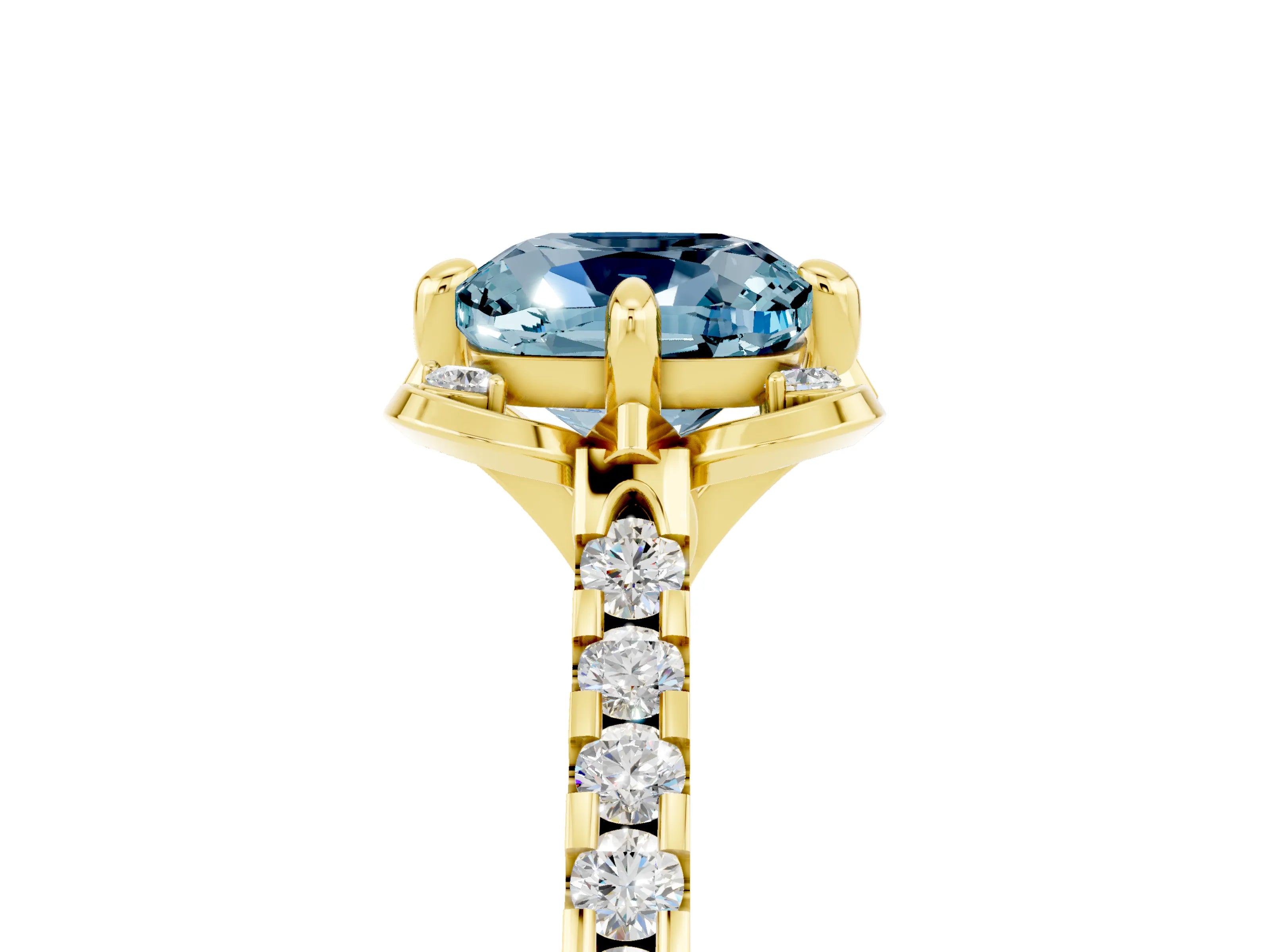 Yellow gold Cushion Cut Aquamarine Ring with Pavé Band and Floral Prong Setting_5