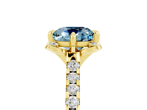 Yellow gold Cushion Cut Aquamarine Ring with Pavé Band and Floral Prong Setting_5