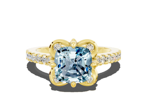 Yellow gold Cushion Cut Aquamarine Ring with Pavé Band and Floral Prong Setting
