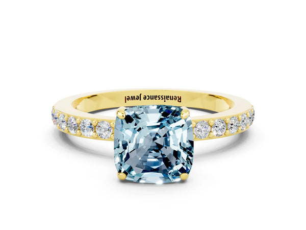 Yellow gold Cushion Cut Aquamarine Pavé Engagement Ring with Round  Accents and Prong Setting