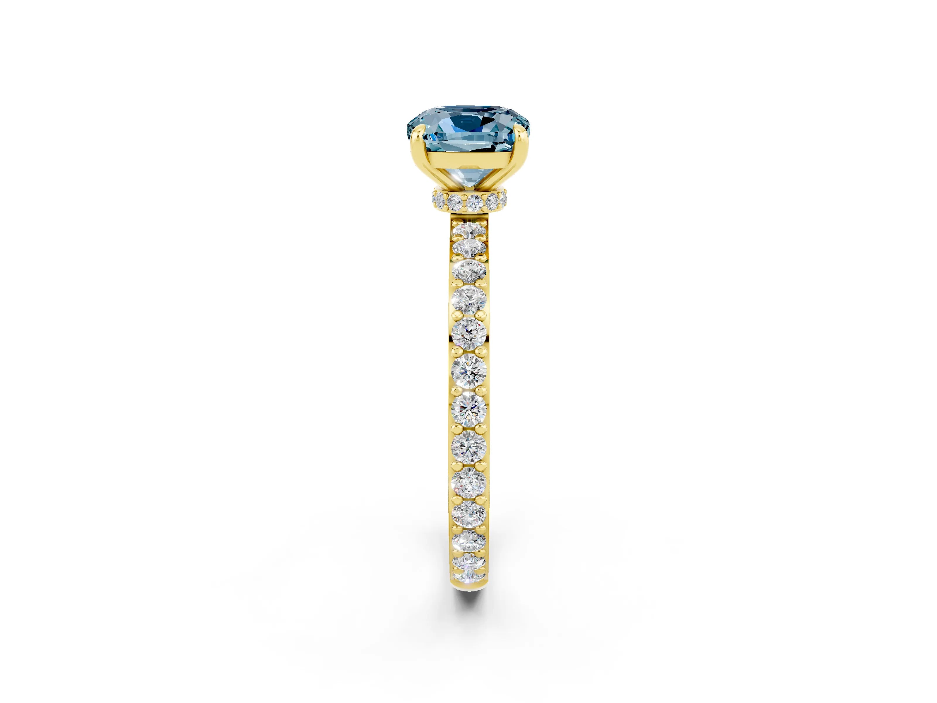 Yellow gold Cushion Cut Aquamarine Ring with Pavé Band and Four-Prong Setting_2