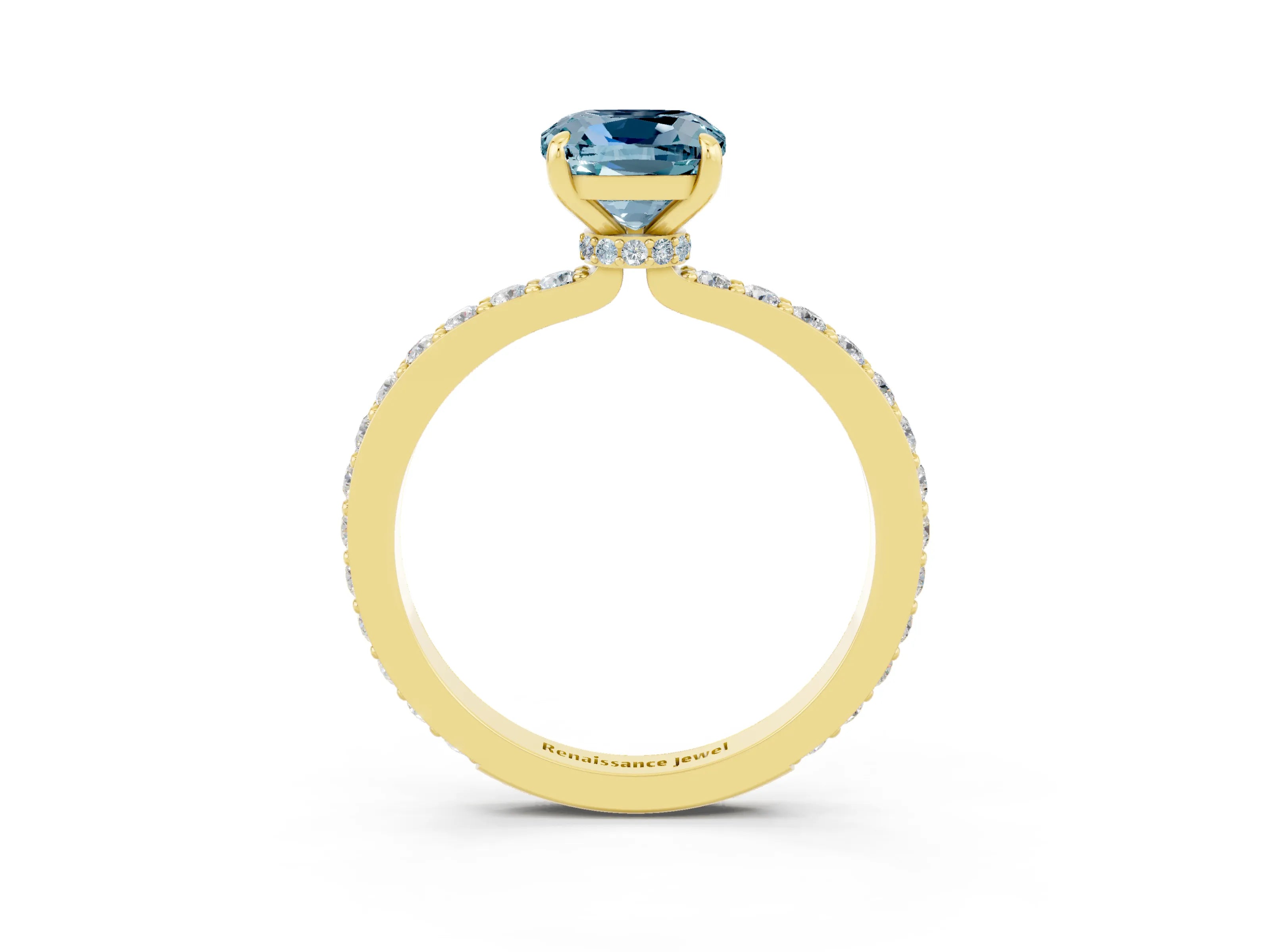 Yellow gold Cushion Cut Aquamarine Ring with Pavé Band and Four-Prong Setting_3