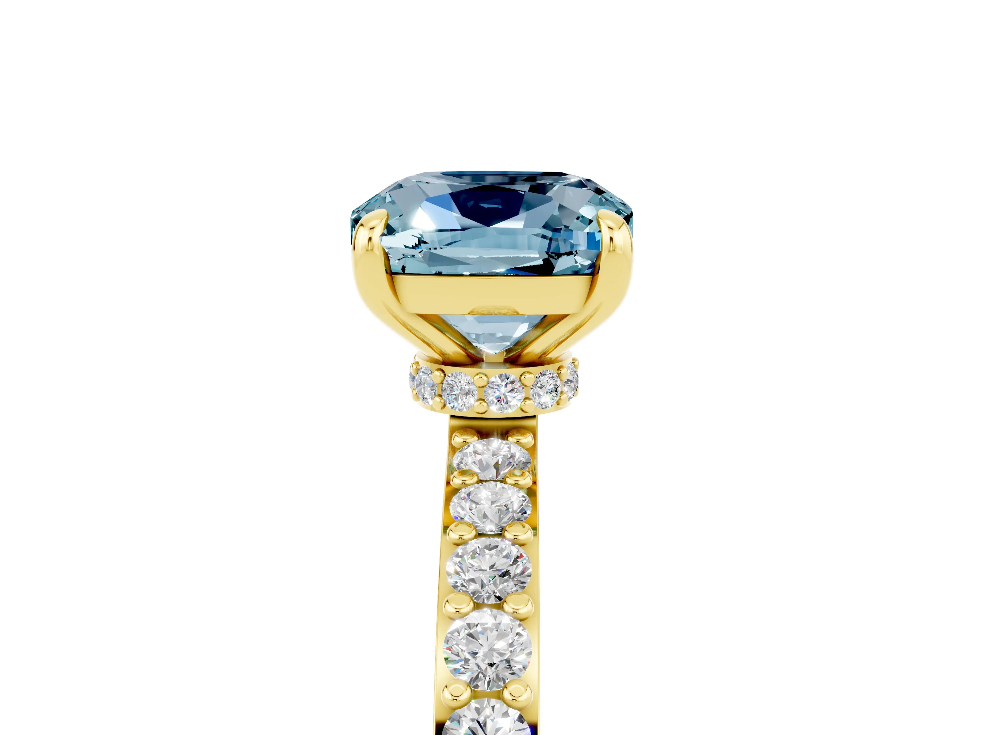 Yellow gold Cushion Cut Aquamarine Ring with Pavé Band and Four-Prong Setting_5