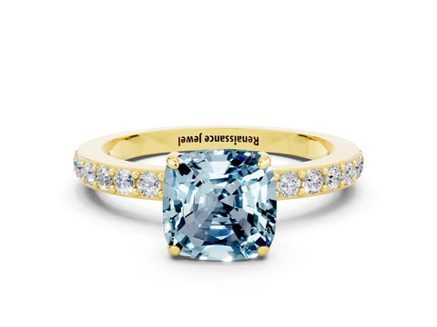 Yellow gold Cushion Cut Aquamarine Ring with Pavé Band and Four-Prong Setting