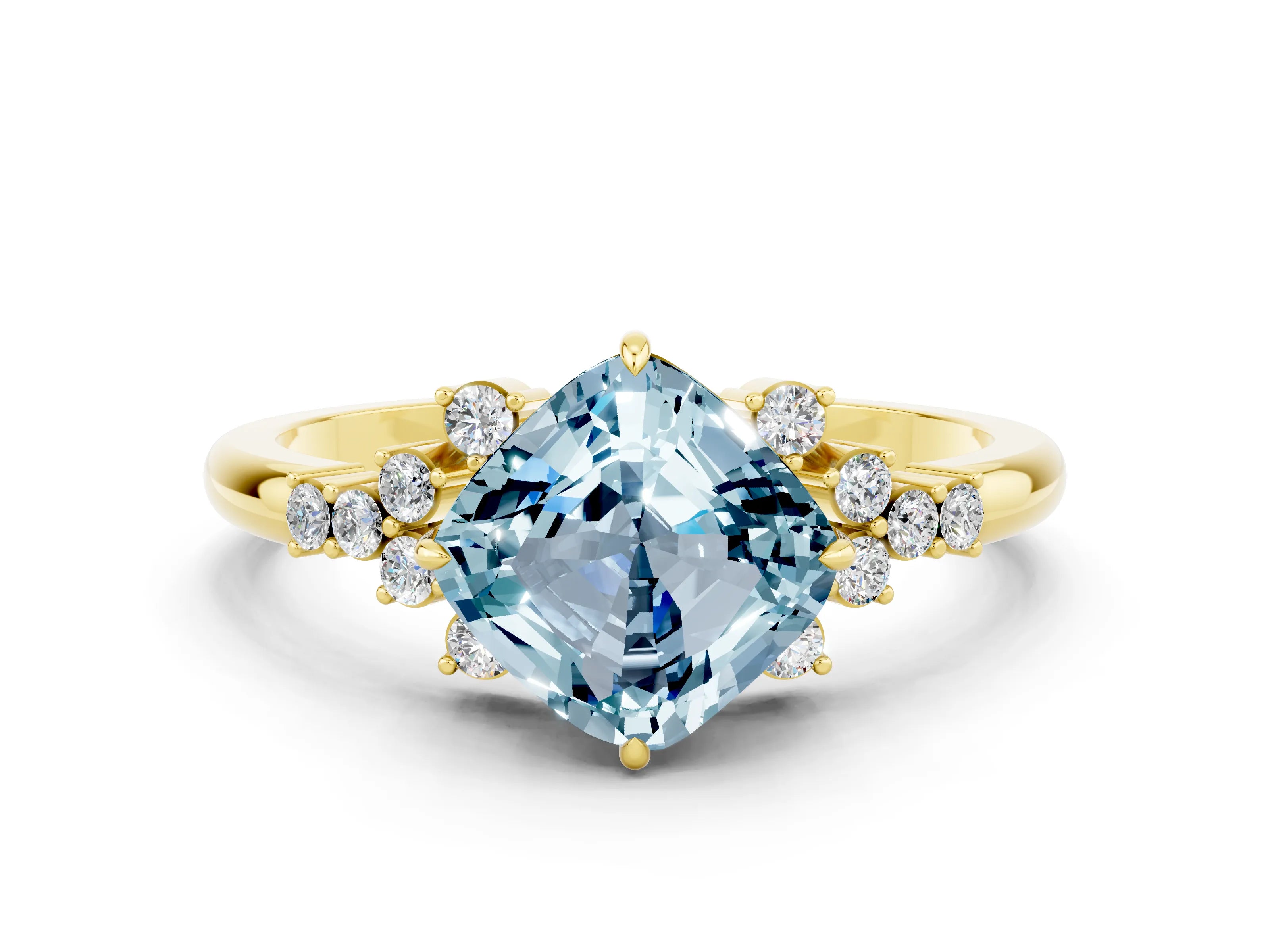 Yellow gold Cushion Cut Aquamarine Ring with Side Stones and Four-Prong Setting_36