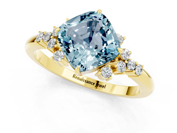 Yellow gold Cushion Cut Aquamarine Ring with Side Stones and Four-Prong Setting