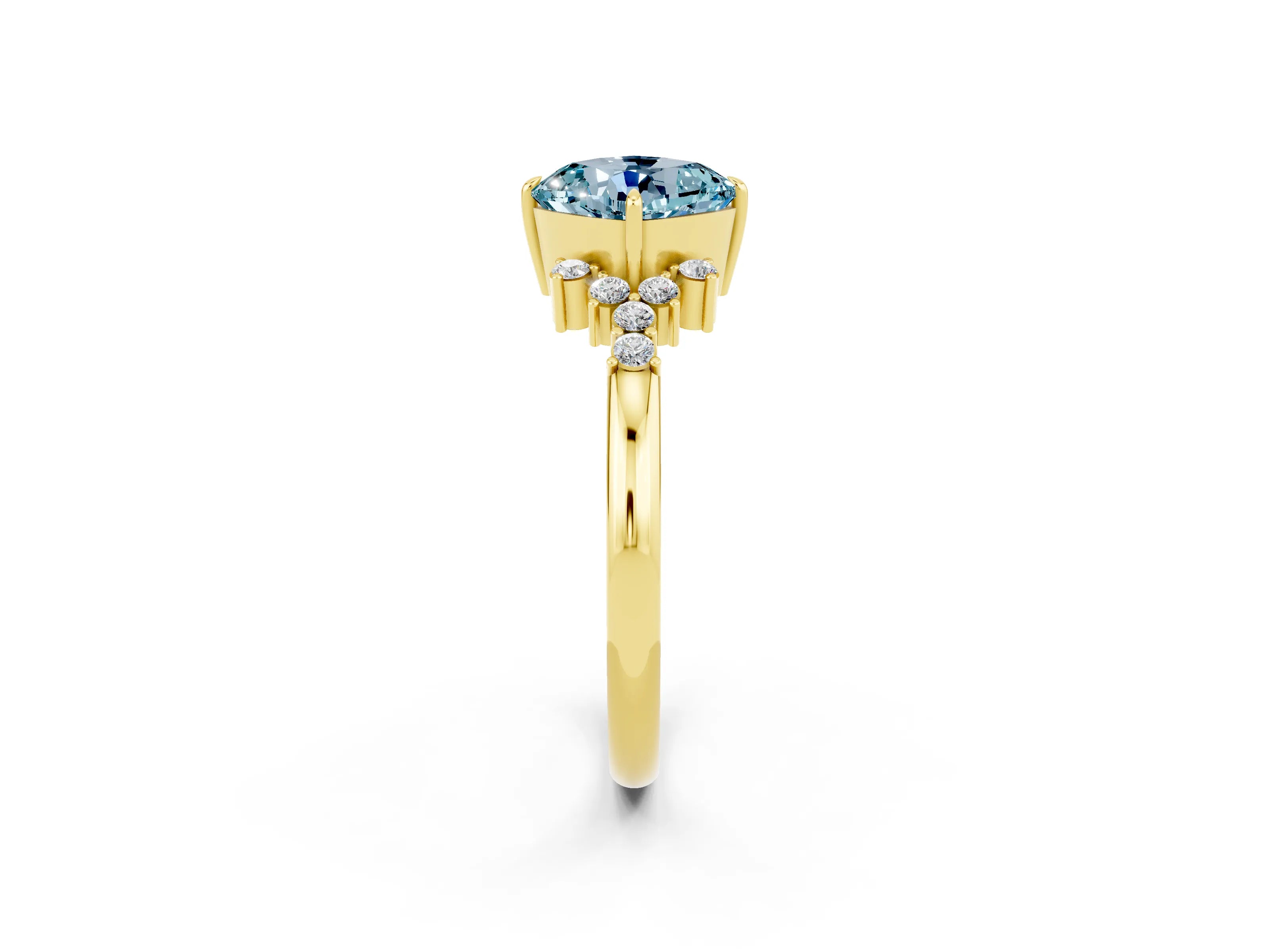 Yellow gold Cushion Cut Aquamarine Ring with Side Stones and Four-Prong Setting_38