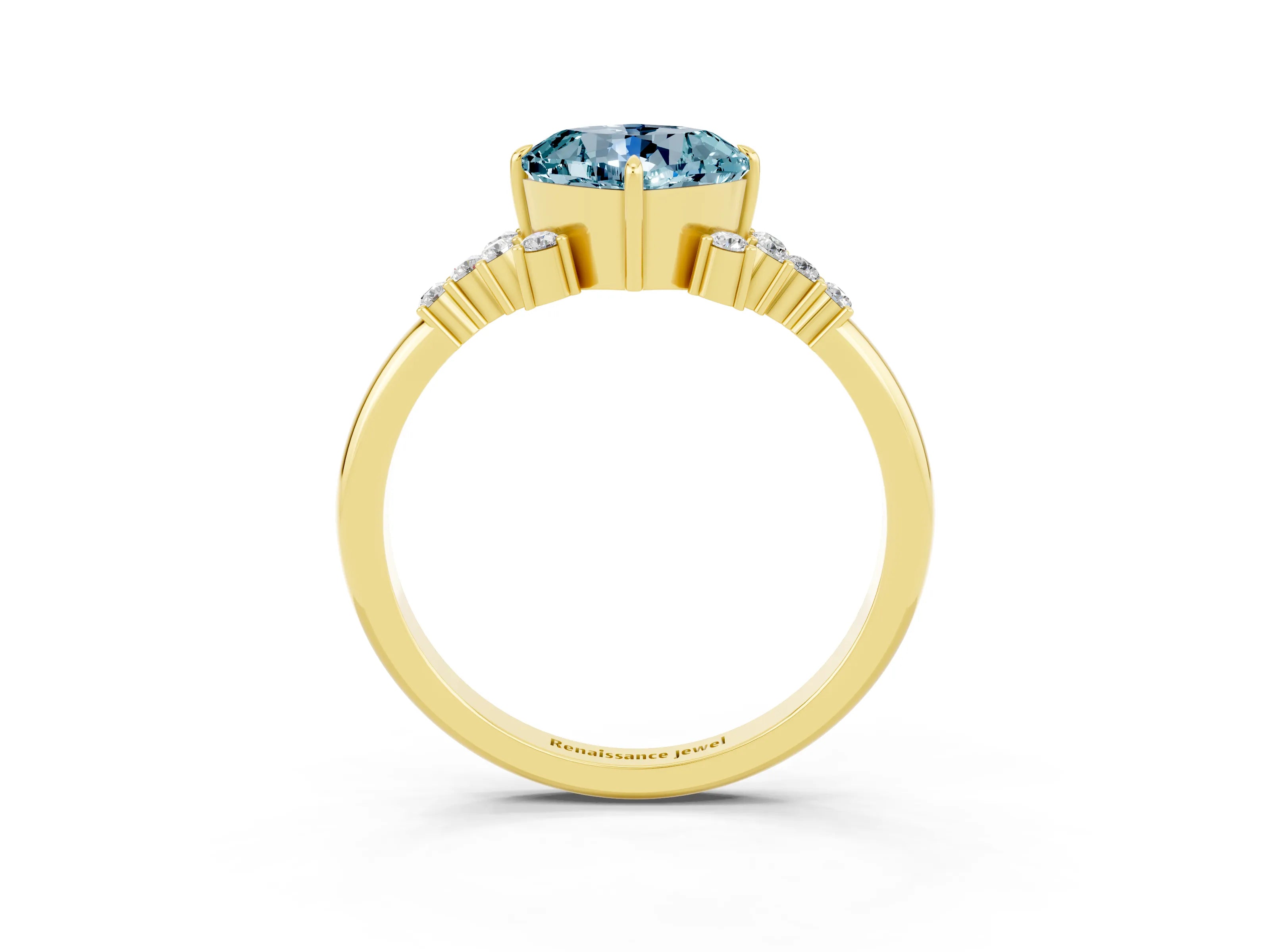 Yellow gold Cushion Cut Aquamarine Ring with Side Stones and Four-Prong Setting_39