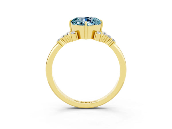 Yellow gold Cushion Cut Aquamarine Ring with Side Stones and Four-Prong Setting