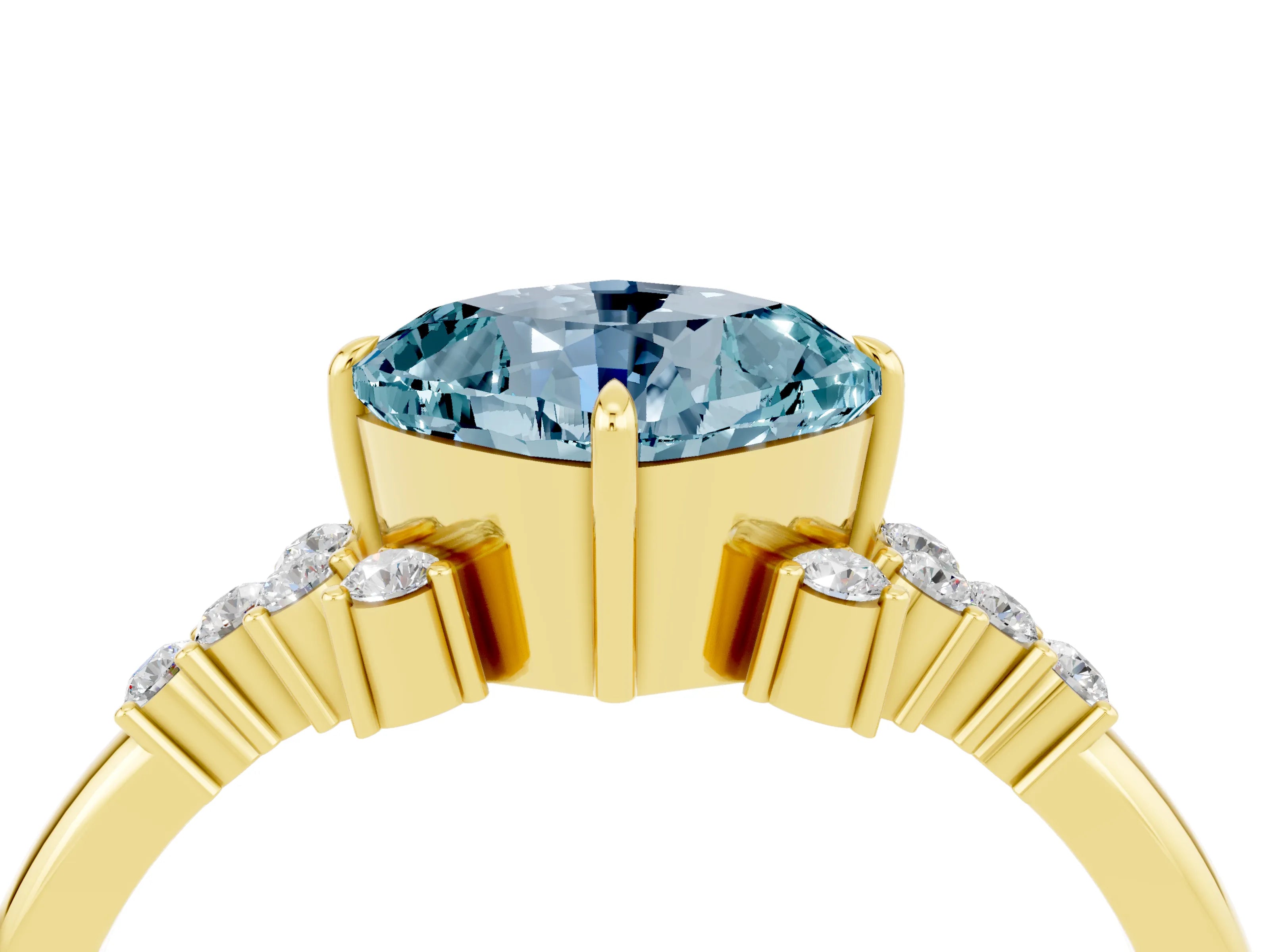 Yellow gold Cushion Cut Aquamarine Ring with Side Stones and Four-Prong Setting_40