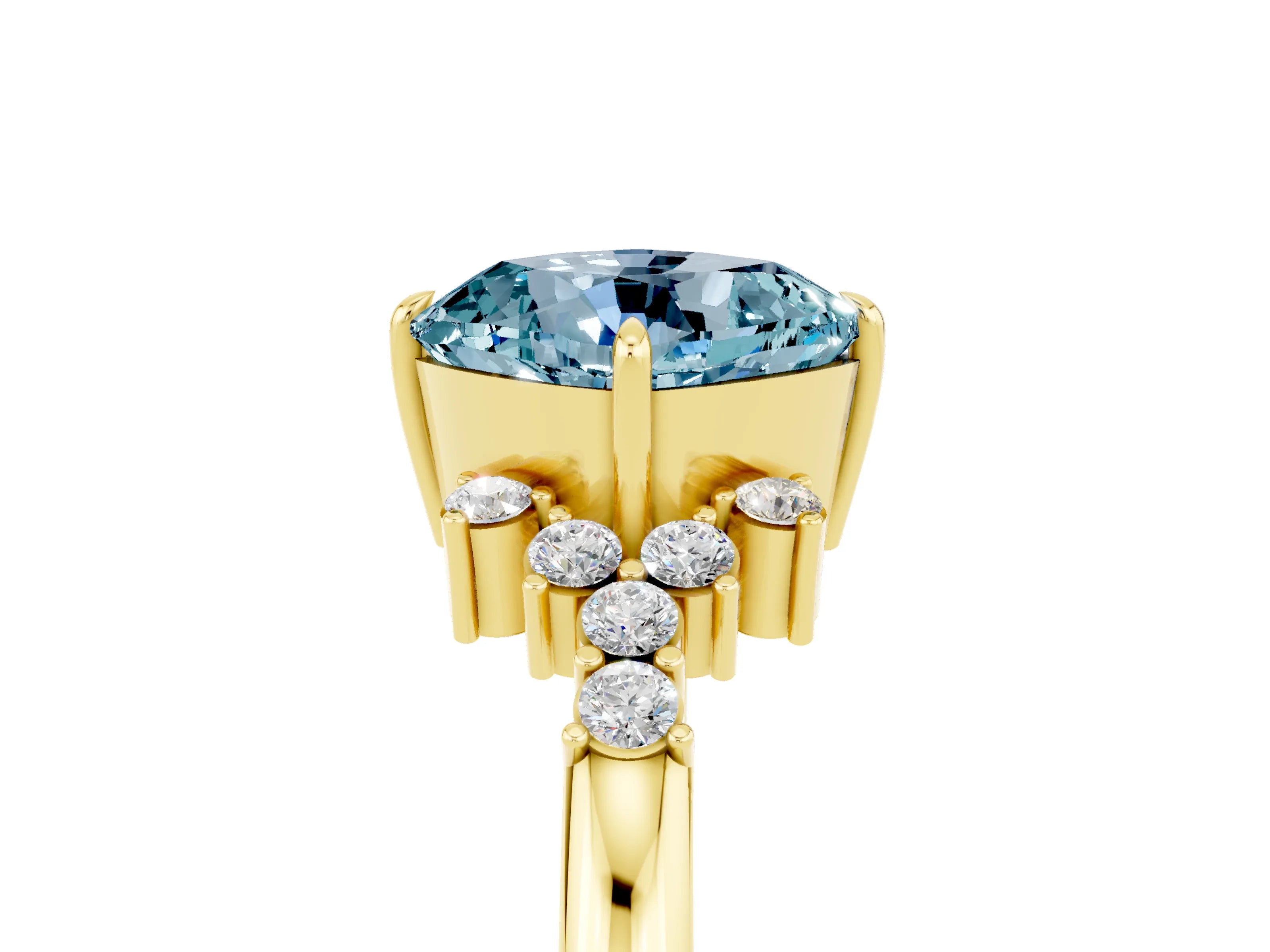 Yellow gold Cushion Cut Aquamarine Ring with Side Stones and Four-Prong Setting_41