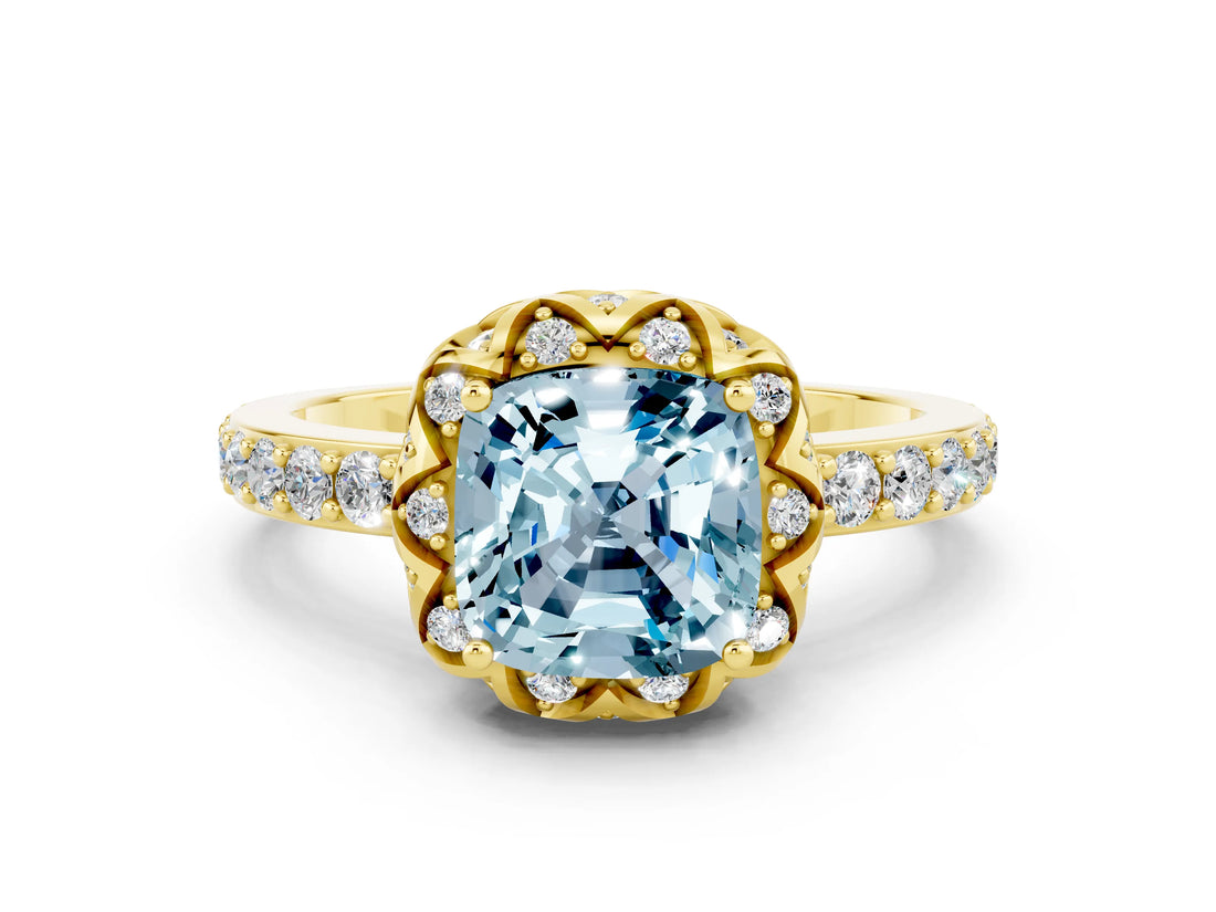 Yellow gold Cushion Cut Aquamarine Scalloped Halo Engagement Ring with Round Shared Prong Band_24