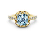 Yellow gold Cushion Cut Aquamarine Scalloped Halo Engagement Ring with Round Shared Prong Band_24