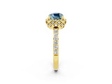 Yellow gold Cushion Cut Aquamarine Scalloped Halo Engagement Ring with Round Shared Prong Band_26